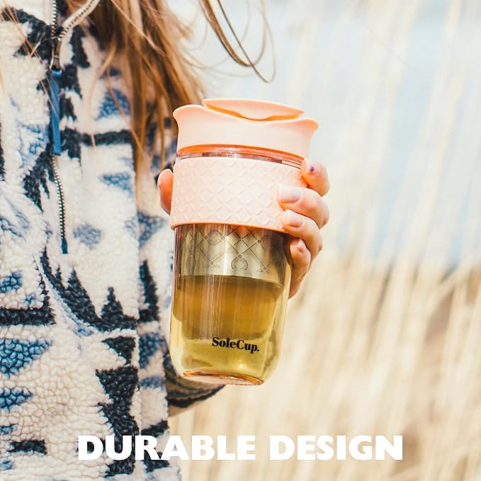 Large Travel Mug Loose Tea Infuser - Detachable Tea Strainer with Spill Proof Lid - 18oz/530ml BPA-Free Reusable Glass Travel Coffee Cup with Silicone Band (Ice Cream, 18oz)