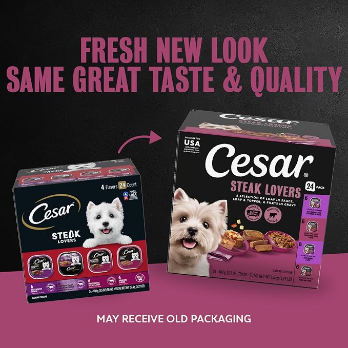 Cesar Wet Dog Food, Steak Lovers Variety Pack, 3.5 oz, 24 Count | Real meat #1 ingredient, easy peel trays, 100% complete & balanced, no fillers, no added sugar, no artificial flavors