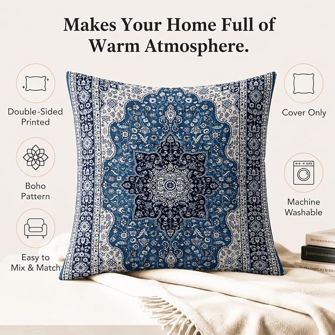 Boho Throw Pillow Covers 18x18 inch Set of 2,Soft Pillowcases Bohemia Carpet Printing Pattern Decorative Sofa Living Room Bed Square Pillow Case Cushion Cover-Blue