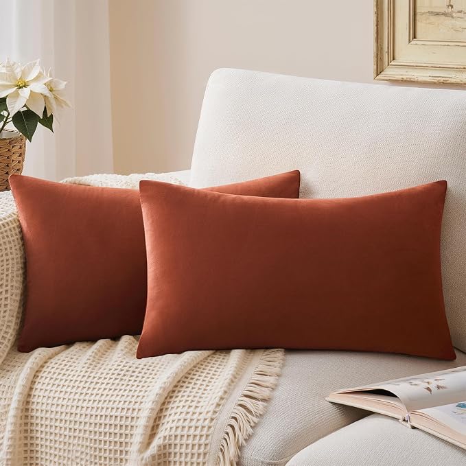 Throw Pillow Covers Set of 2 12x20 Inch Velvet Pillow Covers, Soft Lumbar Rust Decorative Covers for Couch Sofa Bed Living Room, Neutral Fall Farmhouse Covers