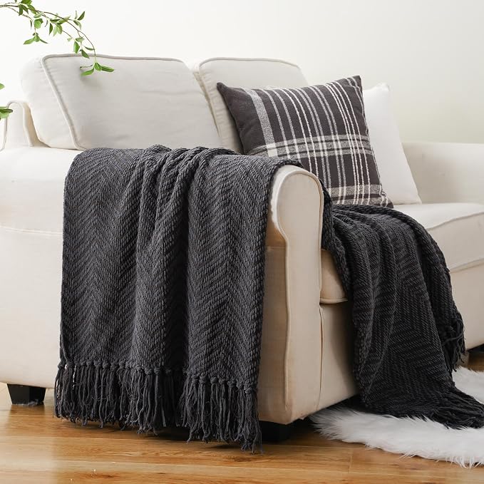 BATTILO HOME Dark Grey Throw Blanket for Couch, 50"x60" | Knit Charcoal Throw Blanket Versatile for Chair, Super Soft Warm Grey Blanket with Tassels for Bed, Sofa and Living Room