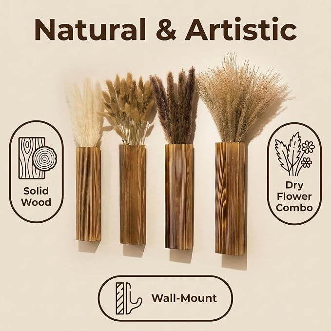 Sawoake 4-Piece Wooden Hanging Wall Vase Set with Pampas Grass and Eucalyptus Dried Flowers, Modern Farmhouse Home Decor for Living Room Entryway Bathroom Hallway Dining Room（Brown）