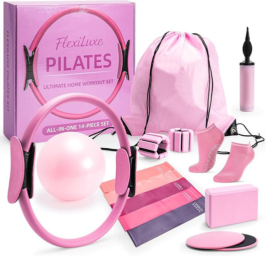 14-Piece Pink Pilates Kit for Women | Yoga Blocks | Magic Circle | Pilates Ball | Ankle Weights | 5 Resistance Bands | Pilates Sliders | At Home Pilates Kit | Beginner Pilates Equipment Set