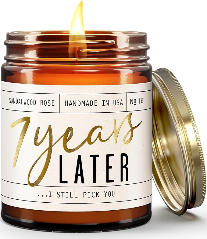 7 Year Gift for Anniversary for Her - '7 Years Later' Soy Candle, w/Sandalwood Rose - Infused w/Essential Oils I 7th Anniversary Wedding Gift for Wife I 50Hr Burn I USA Made