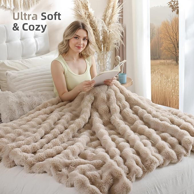 Faux Rabbit Fur Throw for Couch - Linen Bubble Blanket 60"x80" | Fluffy Plush Fuzzy Throw for Sofa & Bed, Super Soft Cozy Comfrt Blanket, Luxury Aesthetic Linen Decor Gift for Women