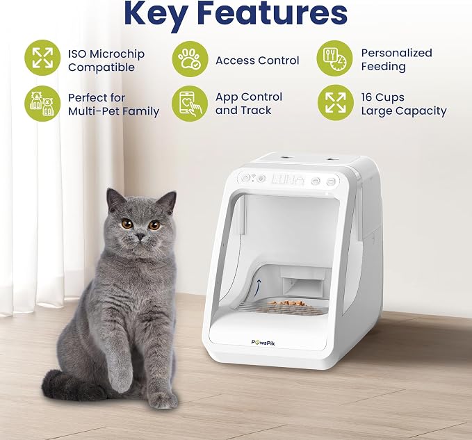 Automatic Microchip RFID Cat Feeder, 16-Cup, White | ISO Microchip & PawsPik RFID Tag Compatible, App Control, Portion Control, Personalize Feeding