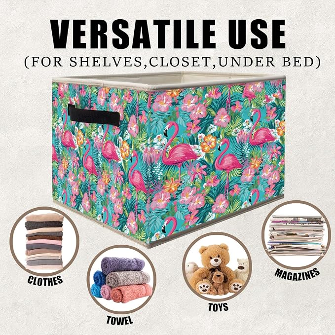 Pink Floral Flamingo Storage Bins Basket, Flamingo Gifts for Women Girls, Tropical Botanical Collapsible Fabric Storage Box Organizer Toybox for Bedroom Bathroom Clothes Books Toys