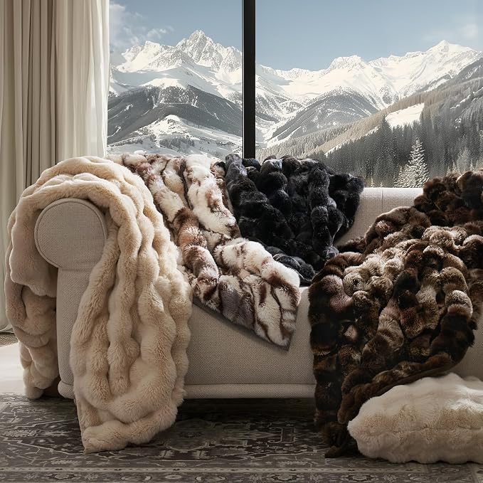 Faux Rabbit Fur Bubble Throw Blanket, 50"x60", Beige & Gray | Ultra Soft, Luxury Faux Rabbit Fur Throw, Thick Warm Bubble Blanket, Cozy Fluffy Reversible, for Bed, Couch, Chair, Sofa