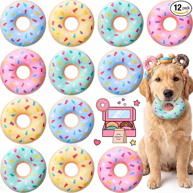 Civaner 12 Pcs Stuffed Dog Toy Squeaky Plush for Small Breed, Donut