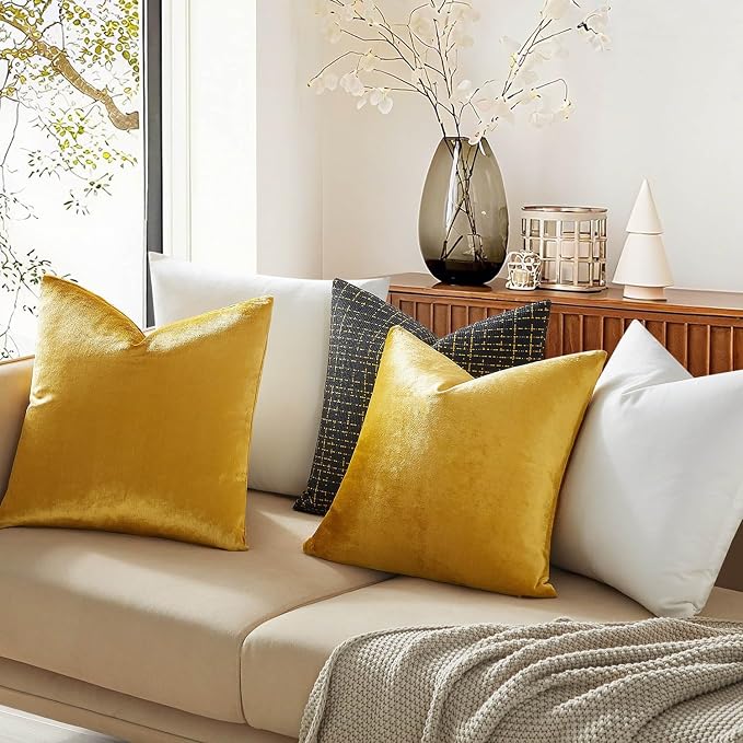 22x22 Throw Pillow Covers Set of 2 Decorative Velvet Cushion Covers,Golden | Soft Pillow Cases with Invisible Zipper for Modern Couch Sofa Bed Living Room Bedroom Home Decor