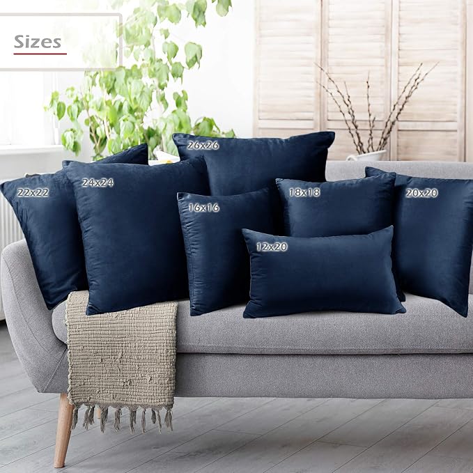Throw Pillow Inserts Pack of 2 with Velvet Soft Solid Decorative Square Throw Pillow Covers Set for Sofa Couch Car Bedroom, 26X26 Throw Pillows Inserts with 24x24 Washable Cushion Covers, Navy Blue