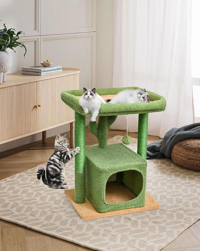 SYANDLVY 27" Cactus Cat Tree for Indoor Cats, Green Modern Activity Tower | Scratching Posts, Kitten Condo with Plush Perch & Hanging Ball for Play