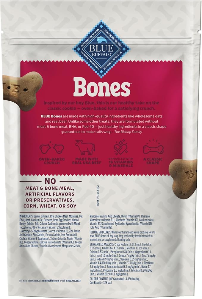Blue Buffalo Bones Beef Large Dog Biscuits, 16 oz, 4 ct | Real Beef First, Classic Bone-Shaped Biscuit, No BHA, Meat & Bone Meal, or Artificial Preservatives