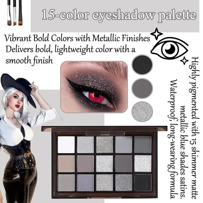 Black Grey Smoky Eyeshadow Palette,15 Colors Matte Shimmer Pigmented Eye Shadow Makeup Palette Set with 3 Eyeshadow Brushes,Glitter Eye Shadow Palette for Daily Halloween Goth Makeup(A)