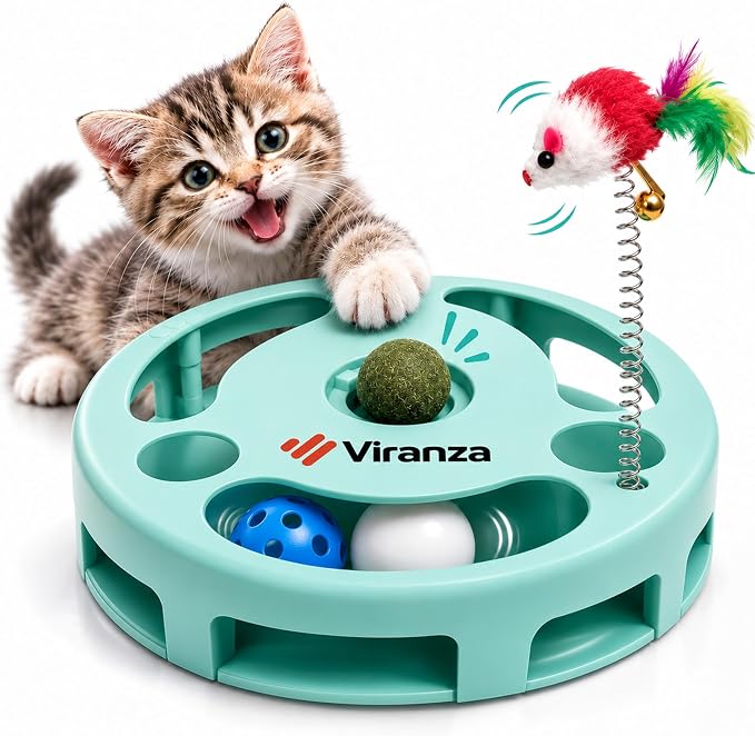 4 Interactive Cat Toy with Catnip Ball, Dual Rolling Balls & Feather Teaser