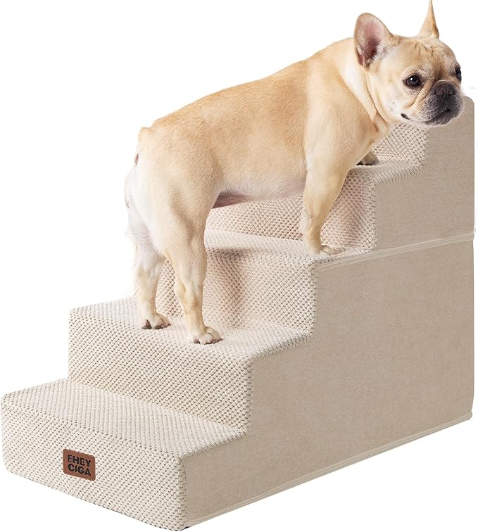 EHEYCIGA Dog Stairs for High Bed 22.5" H, 5-Step Dog Steps, Beige | Pet Steps for Small Dogs and Cats for Bed, Non-Slip Balanced Pet Ramp Indoor