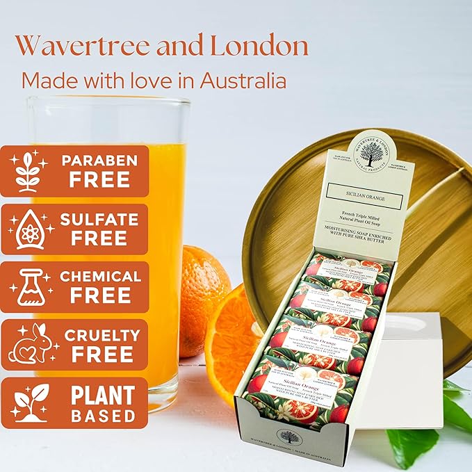Wavertree & London Sicilian Orange Scented Natural Soap (8 Bars), 7oz Moisturizing French Triple Milled Soap Bars enriched with shea butter - Pure Plant Oil Bath & Body Soap for All Skin Types