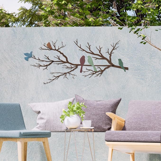 ESTART Metal Birds Wall Art, Metal Vivid Birds on Branch Silhouette Wall Decor Leaves with Bird Outdoor Hanging Wall Sculpture for Home Living room Bedroom Balcony Garden (Colorful, Small)