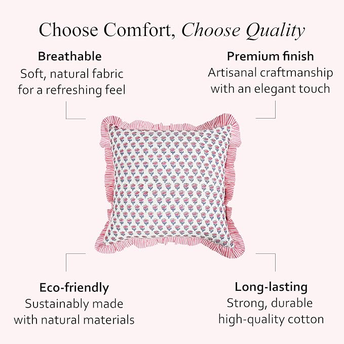CPC Pink Sapphire Ruffle Throw Pillow Covers for Couch, 18x18 Inch Cotton Stripe Ruffle Couch Pillows for Living Room, Hidden 14 Inch Zipper Boho Pillow Case or Cute Outdoor Pillows
