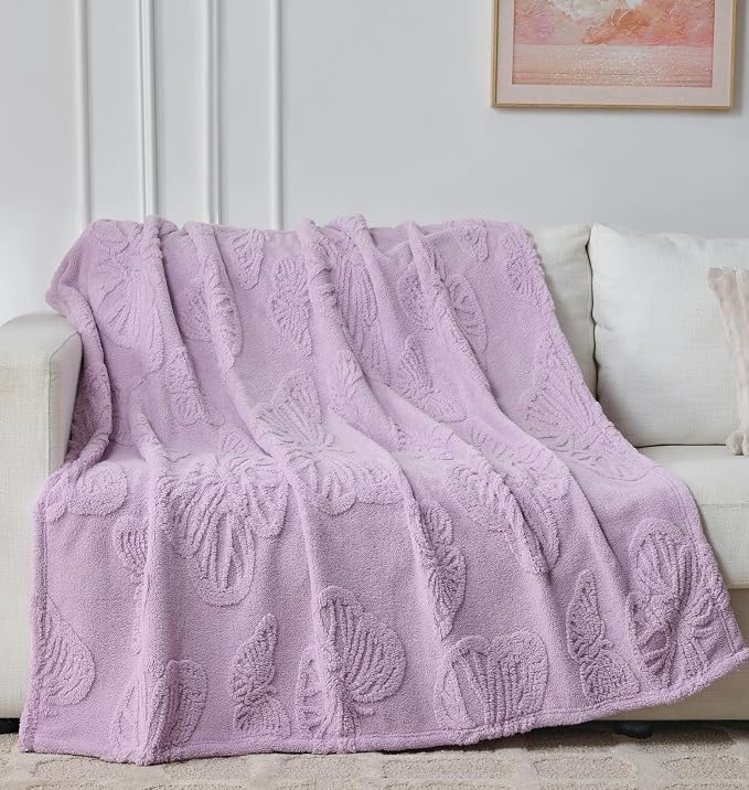 Lavender Butterfly Plush Throw Blanket 50 x 60 Inch, Soft Fuzzy Fleece, Cozy Decorative Blanket for Couch, Sofa, Bed and Bedroom