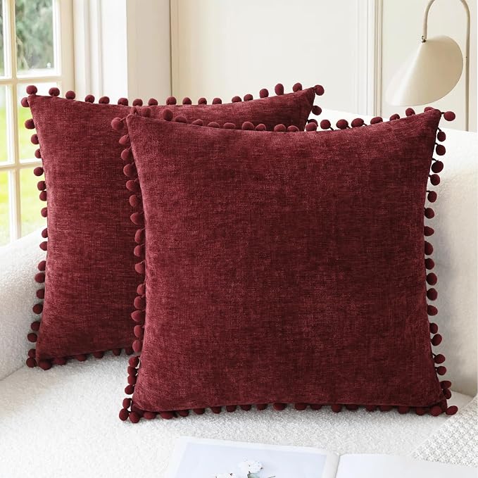 CaliTime Decorative Couch Throw Pillow Covers 18 X 18 Inches Burgundy | Pack of 2, Cozy Chenille Cushion Cases, with Pom Poms for Sofa Bed Living Room Farmhouse Home