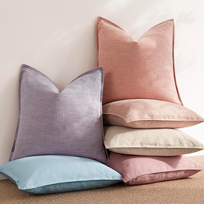 Foindtower Pack of 2, Decorative Linen Solid Throw Pillow Covers Soft Accent Euro Cushion Case Boho Farmhouse Pillowcase for Chair Couch Sofa Bedroom Living Room Home Decor 24 x 24 Inch Coral Pink