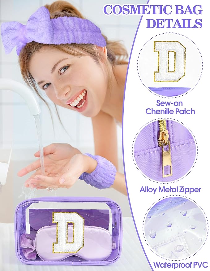 Gift Sets for Women, Initial Makeup Bag with Makeup Brush Set Bachelorette Party Favors, Purple Spa Kit with Skincare Headbands Wrist Bands Sleepover Party Supplies Gifts for Teen Girls Bridesmaid D