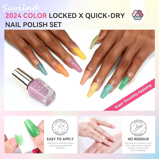 SAVILAND 36 Colors Nail Polish Set Quick Dry: Brown Black Glitter Locked X Tech Regular Nail Polish Kit Fingernail Polish with Top Base Polish Coat 39 Pcs Home Salon Travel Set
