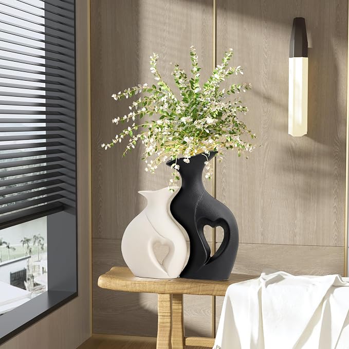 Black and White Vases Home Decor Heart Shape Ceramic Vase Set of 2 | Modern Boho Flower Vases, Nordic Aesthetic Decor For coffee Table Centerpiece,Wedding,Dining Living Room, Table Decor