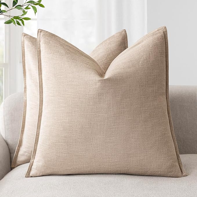 Foindtower Pack of 2, Decorative Linen Solid Throw Pillow Covers Soft Accent Cushion Case Farmhouse Neutral Pillowcase for Chair Couch Sofa Bedroom Living Room Home Decor 26 x 26 Inch Tan Beige