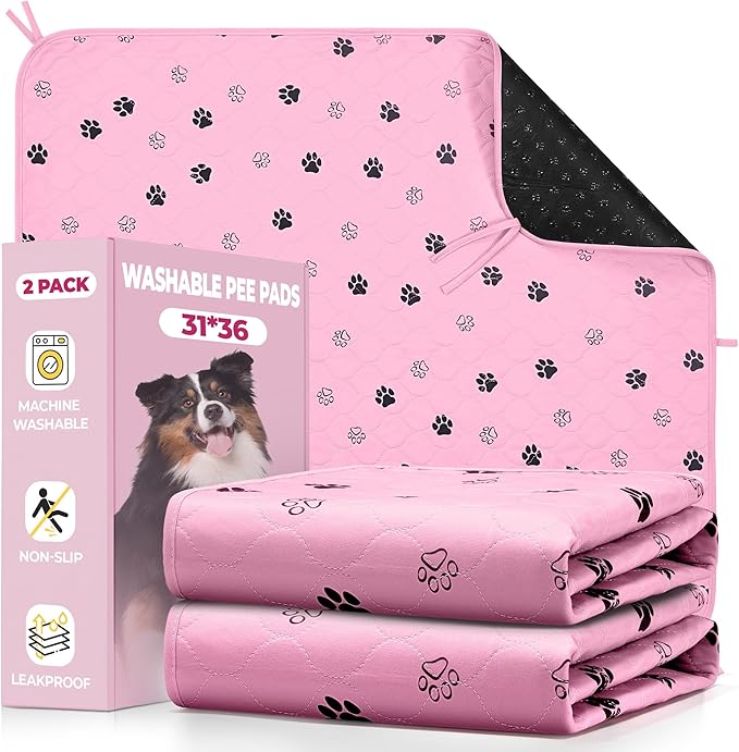 Fostanfly Washable Dog Pee Pads, Ultra-Absorbent, 31"x36"-2 Pack, Pink | Leak-Proof, Waterproof, Non-Slip, Large Reusable Pee Pads for Puppy Potty Training, Crate and Playpen with 8 Tie Straps