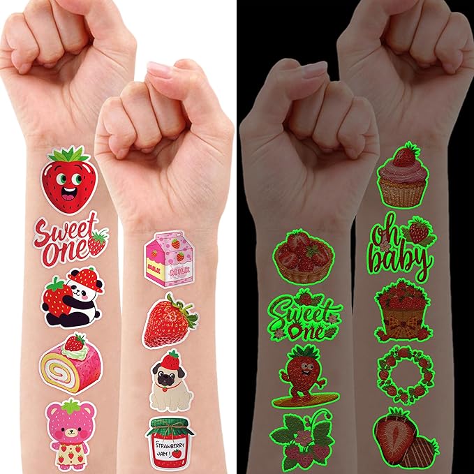 96 PCS Strawberry Berry Pre-Cut Luminous Glow in The Dark Temporary Tattoos for Kids | Super Cute 1st Themed Birthday Party Favors, Supplies, Decorations, Fake Tattoo Stickers Gifts for Boys Girls