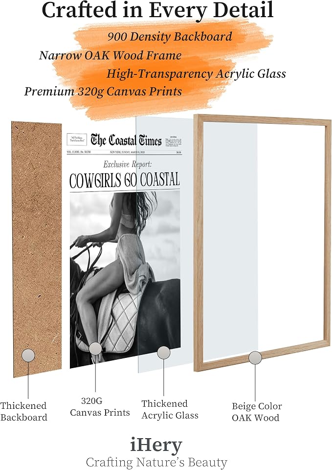 iHery 16x20in Cowgirls Go Coastal Framed Newspaper Wall Art | Natural OAK Wood Frame with Canvas Print, Western Horseback Decor for Bedroom, Dorm, Living Room and Gallery Wall, 1Pack