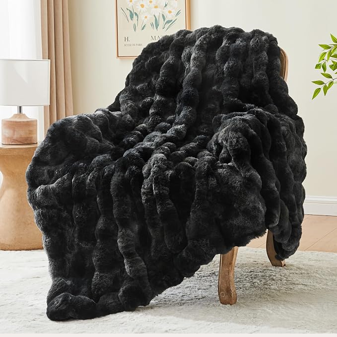 BEDELITE Faux Fur Throw Bubble Blanket for Couch, 50" x 60", Tie-Dye Black | 870GSM Soft Cozy Plush Blanket for Sofa & Bed Living Room Decor, Warm Fuzzy Faux Rabbit Fur for Women Gift, All Season Use