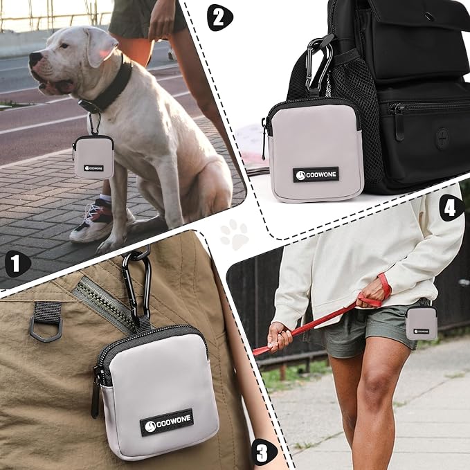 2 PCS Waterproof Small Dog Treat Bag for Leash, Hands Free Dog Walking Bag with Carabiner, Dog Poop Bag Holder for Pet Puppy Travel or Outdoor Use, Zipper Closure to Avoid Spilling