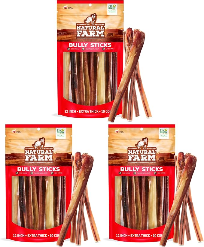 Natural Farm Extra-Thick 12-Inch Beef Bully Sticks Dog Chews (30-Pack) - Odor-Free Dental Treats for Dogs
