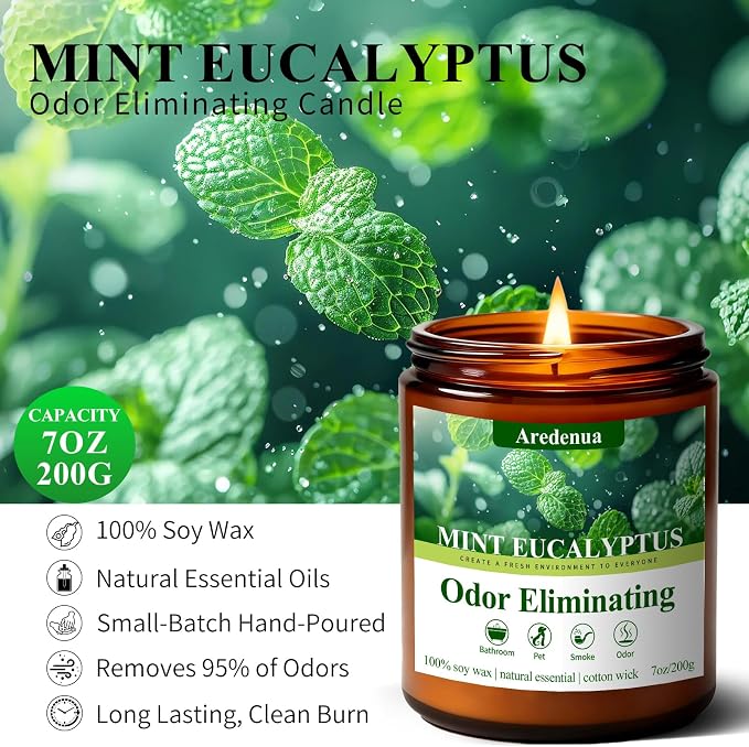 Mint Eucalyptus Odor Eliminating Candles | Eliminates 95% of Pet, Smoke, Food, and Other Smells Quickly – 7 oz Soy Candle for Home Scented - Air Freshing Scented Candles Gifts for Women Men