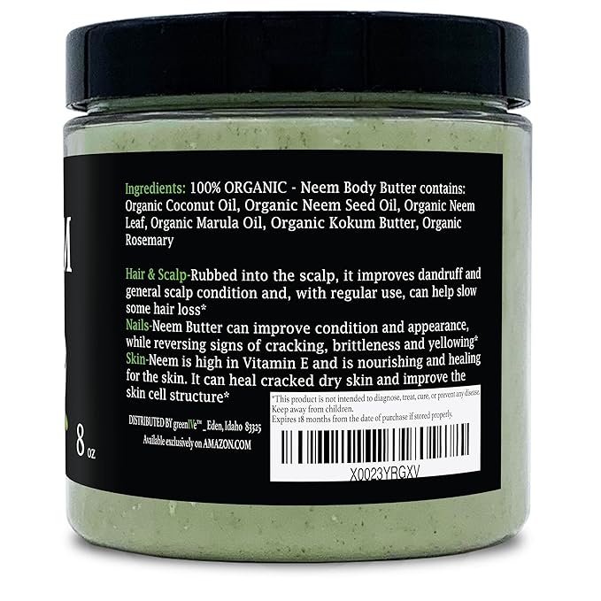 GreenIVe Neem Butter 100% Pure All Natural Body Butter Handcrafted Neem Seed Oil Coconut Oil Kokum Butter Marula Oil Rosemary Leaf Soothing Moisturizing Body Face Lip Hair Scalp Nail Care (8oz)