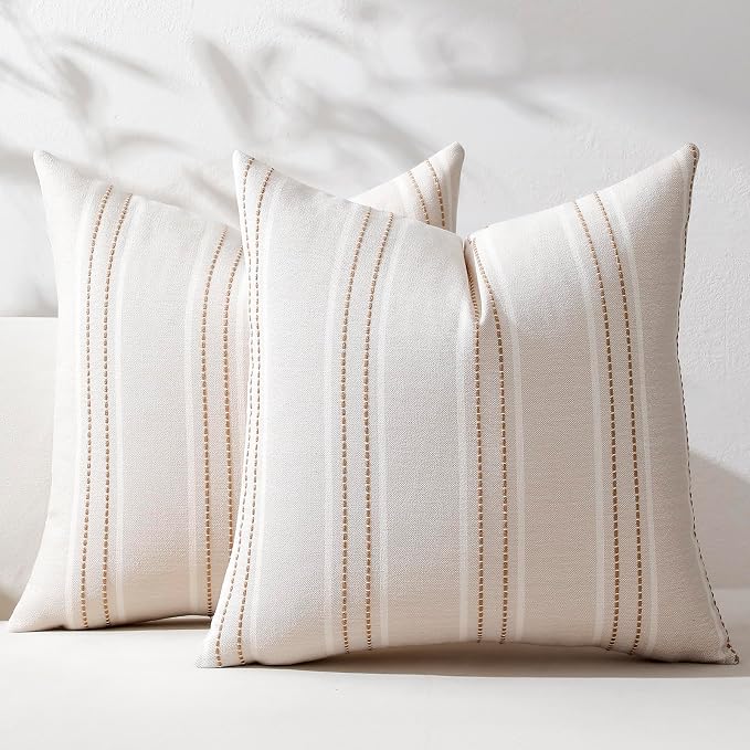 Hckot Tan Brown Throw Pillow Covers 16x16 Set of 2 Striped Pillow Covers | Farmhouse Decorative Pillows Textured Linen Square Cushion Covers for Sofa Couch Bed Living Room Decor(Tan)
