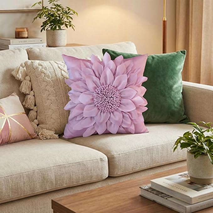 Purple Accent 3D Flower Decorative Throw Pillow Covers for Bed Sofa Couch | Bella's Giftshop Handmade Sunflower Floral Pillow Cases Living Room Bedroom Decor, Standard Size 18x18 Inch