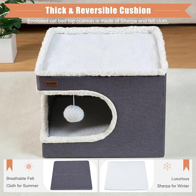 Garnpet Cat Bed for Indoor Cats Cube House, Covered Cat Cave Beds & Furniture with Scratch Pad and Hideaway Tent, Cute Modern Cat Condo for Multi Small Pet Large Kitten Kitty, Dark Grey