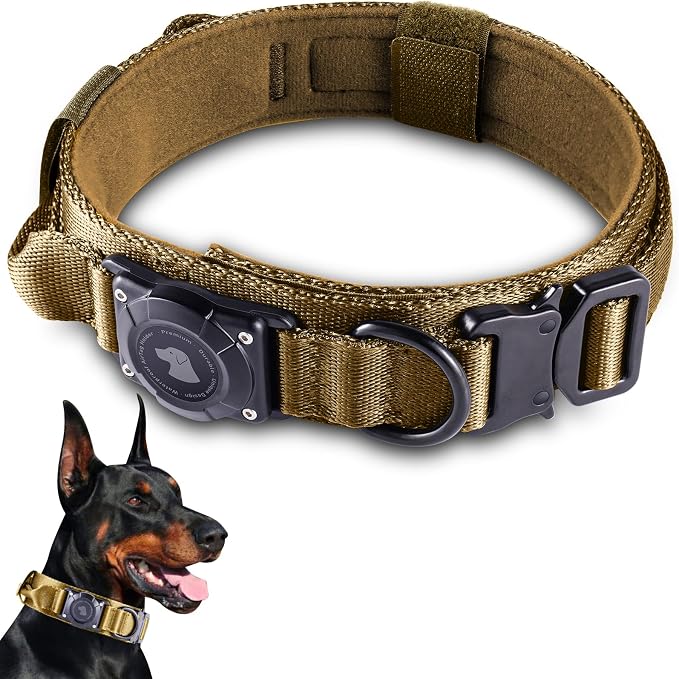 2026 Upgrade Waterproof Tactical AirTag Dog Collar, Built in AirTag Holder | Comfortable Control Handle, Quick Release Metal Buckle, Durable 1000D Nylon, For Medium to Large Dogs, Khaki, XL