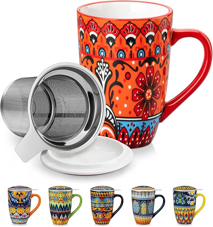 vancasso Ceramic Tea Cup with Infuser and Lid, 18 Ounce Tea Infuser Mug for Loose Leaf Tea, Microwave & Dishwasher Safe, Bohemian Mandala, Gift for Tea Lovers, Crimson Sunburst