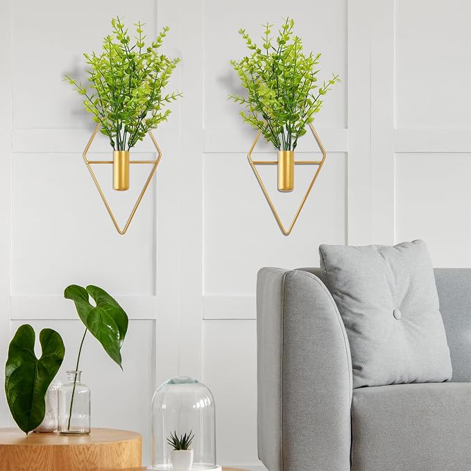 Yorkmills Green Artificial Eucalyptus Plant Wall Decor in Gold Hanging Vase | Diamond Metal Wall Planter Decorations Set of 2, Fake Plant Home Wall Decor for Living Room, Dining Room, Bedroom, Bathroom