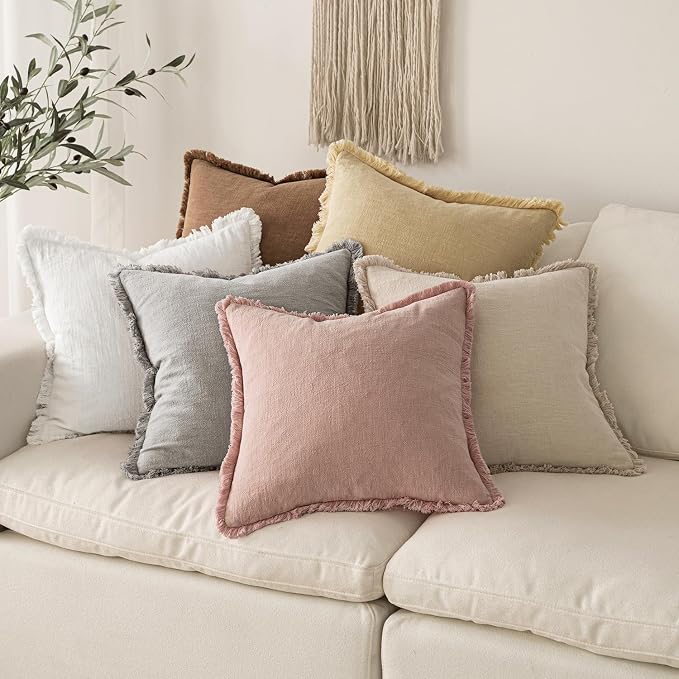 MIULEE Boho Linen Fringe Decorative Throw Pillow Covers White 20x20 | Set of 2, Cottagecore Decor, Boho Farmhouse Neutral Pillow Covers, Rustic Couch Cushion Cases for Sofa Bed Living Room