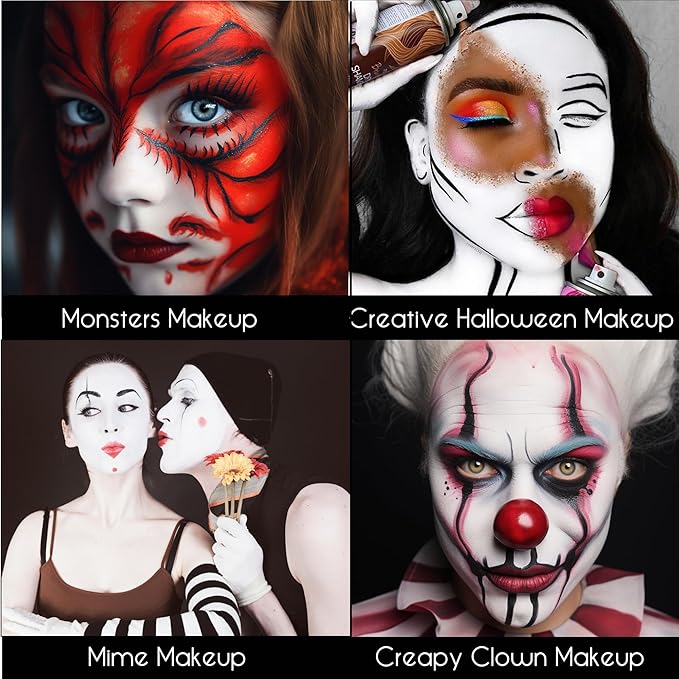 CCBeauty Halloween Clown Makeup Kit, White Black Red Face Body Paint Stick, Cream Skeleton Joker Skull Mime Foundation Makeup, Hypoallergenic Face Painting Set for SFX Cosplay Costume Party
