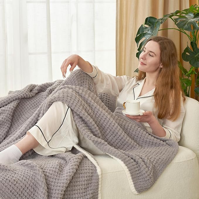 Snuggle Sac Soft Waffle Blanket, Grey Bedding Blankets Queen Size 90x90 inches, Reversible Microfiber Fluffy Fuzzy Grey Blanket Cozy Knit Blanket for Women Mothers Birthday Gifts