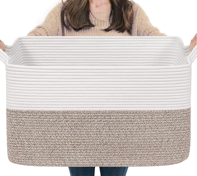 Goodpick 75L Extra Large Woven Blanket Basket, 22" x 17" x 12", Brown | Decorative Storage Basket for Blankets, Toys & Clothes, Cotton Rope Basket for Living Room & Bedroom, Built-In Handles