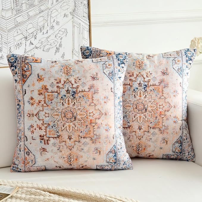 Boho Throw Pillow Covers 16x16 inch Set of 2,Boho Vintage Carpet Pattern Antique Ethnic Decor Double Sided Pattern Cushion Cover Soft Pillow Case Living Sofa Room Bed Square Pillow Cover