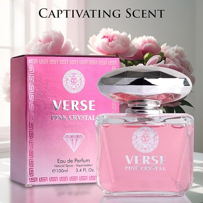 Verse Pink Crystal Eau De Parfum for Woman - Top Notes of Pomegranate, Yuzu & Iced Accord - Base Notes of Peony, Lotus, Magnolia, Amber, Musk & Mahogany - Floral & Fruity Scent - Elegant 100ml Bottle